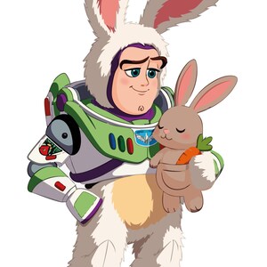 May include: Illustration of Buzz Lightyear in a bunny costume holding a small bunny with a carrot. Buzz Lightyear's space suit is green, white, and purple. The bunny costume is white with pink ears. The small bunny is brown.
