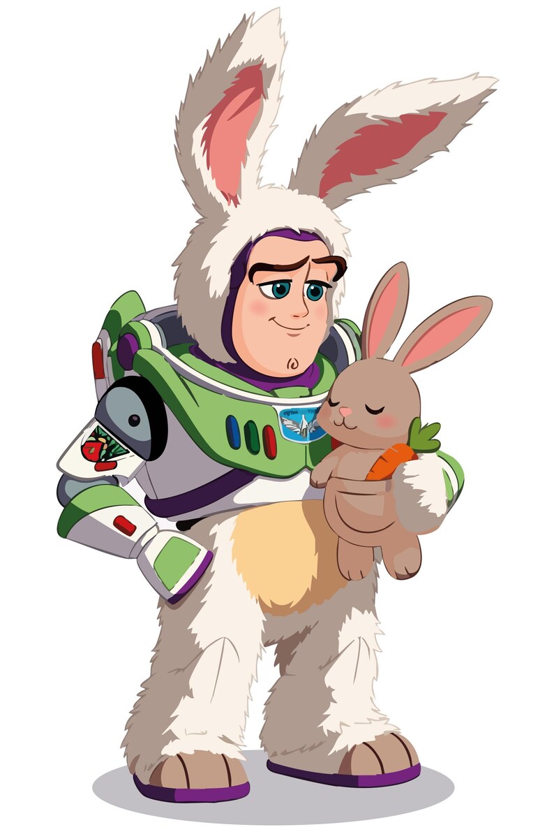 May include: Illustration of Buzz Lightyear in a bunny costume holding a small bunny with a carrot. Buzz Lightyear's space suit is green, white, and purple. The bunny costume is white with pink ears. The small bunny is brown.