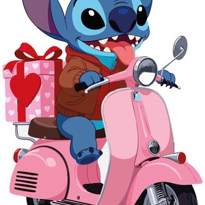 May include: A cartoon image of Stitch from Lilo & Stitch on a pink scooter. Stitch, with blue fur and large ears, wears a brown jacket and red shirt. A gift box with a heart is on the back of the scooter.