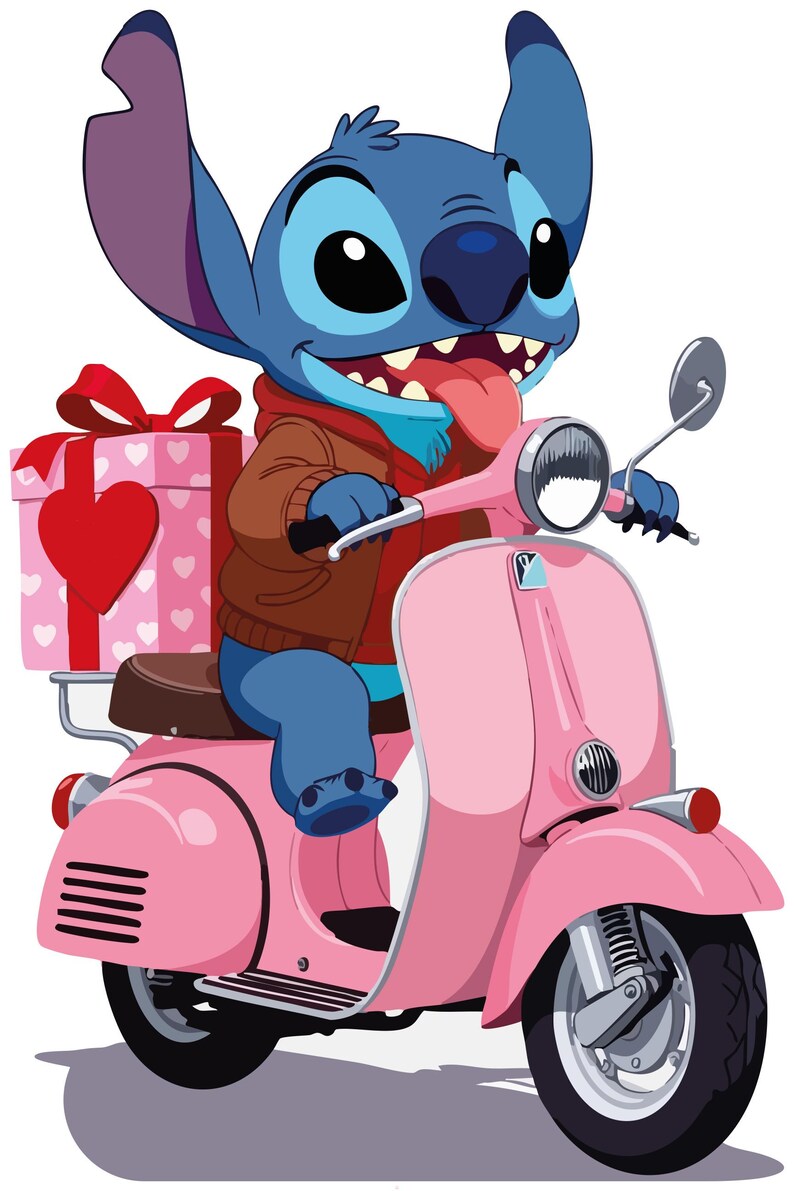 May include: A cartoon image of Stitch from Lilo & Stitch on a pink scooter. Stitch, with blue fur and large ears, wears a brown jacket and red shirt. A gift box with a heart is on the back of the scooter.