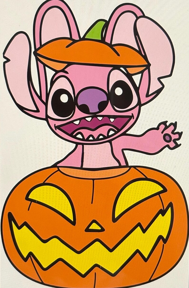 May include: A pink cartoon character with large black eyes and a purple nose, wearing an orange pumpkin hat, emerges from an orange jack-o'-lantern. The jack-o'-lantern has yellow cut-out eyes and a triangular nose.