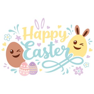 May include: A cheerful Easter-themed illustration with the words "Happy Easter" in pastel colors. The design includes smiling egg characters, bunny ears, flowers, and decorative swirls, perfect for holiday cards and decorations.