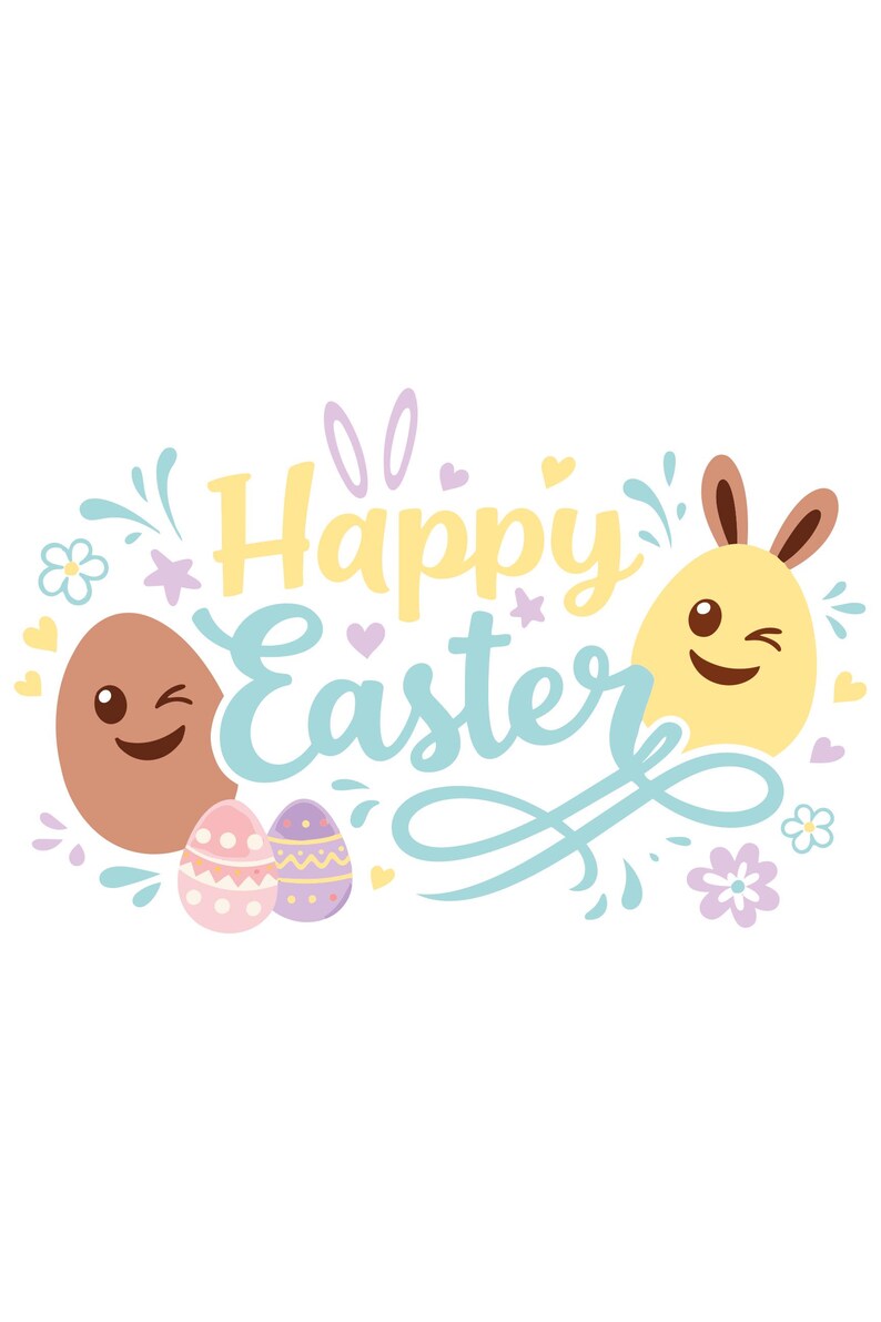May include: A cheerful Easter-themed illustration with the words "Happy Easter" in pastel colors. The design includes smiling egg characters, bunny ears, flowers, and decorative swirls, perfect for holiday cards and decorations.