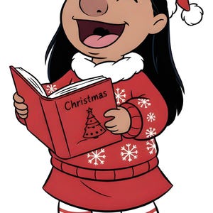 May include: Illustration of a smiling character wearing a Santa hat and a red Christmas sweater with snowflake designs. The character is holding a red book with the word "Christmas" and a Christmas tree on the cover.