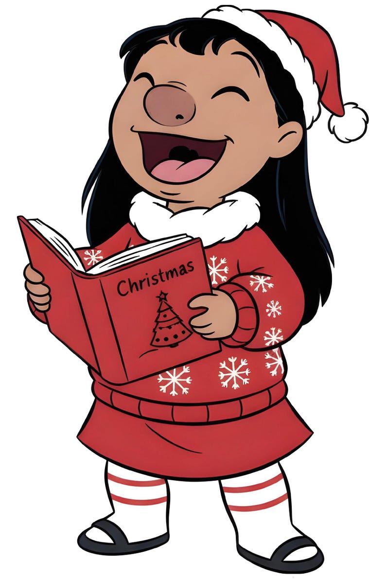 May include: Illustration of a smiling character wearing a Santa hat and a red Christmas sweater with snowflake designs. The character is holding a red book with the word "Christmas" and a Christmas tree on the cover.