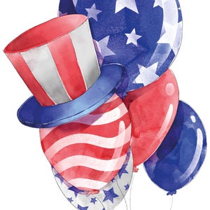 Op de afbeelding: Waterverfillustratie voor 4 juli, met rode, witte en blauwe ballonnen, een Uncle Sam-hoed en een banner met de tekst "4th of July". Het ontwerp heeft een patriottisch thema.