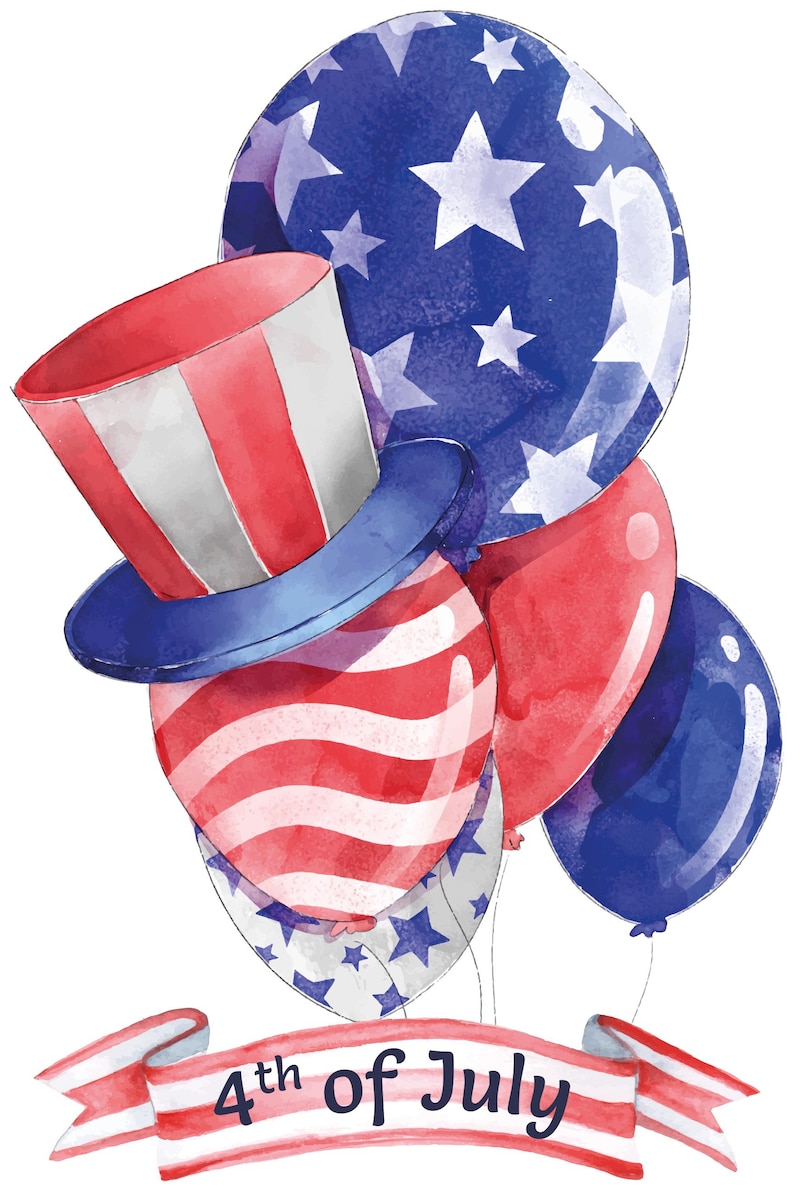 Op de afbeelding: Waterverfillustratie voor 4 juli, met rode, witte en blauwe ballonnen, een Uncle Sam-hoed en een banner met de tekst "4th of July". Het ontwerp heeft een patriottisch thema.