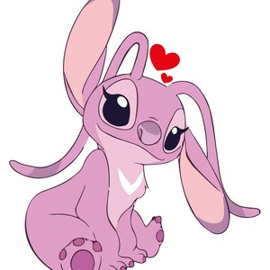 May include: A cartoon illustration of a pink alien-like creature with large ears, big eyes, and a white chevron on its chest. Two red hearts float above its head. The character is sitting down and has a sweet expression.
