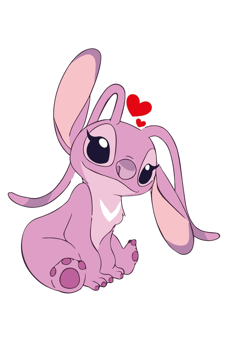 May include: A cartoon illustration of a pink alien-like creature with large ears, big eyes, and a white chevron on its chest. Two red hearts float above its head. The character is sitting down and has a sweet expression.