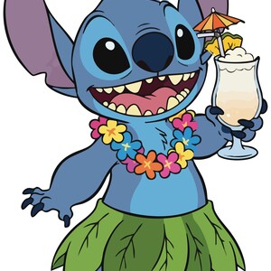 May include: Cartoon illustration of Stitch, a blue alien character, holding a tropical drink with a small umbrella. He wears a flower lei and a green leaf skirt. The image is a vibrant, colorful design.