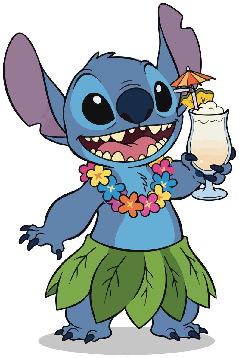 May include: Cartoon illustration of Stitch, a blue alien character, holding a tropical drink with a small umbrella. He wears a flower lei and a green leaf skirt. The image is a vibrant, colorful design.