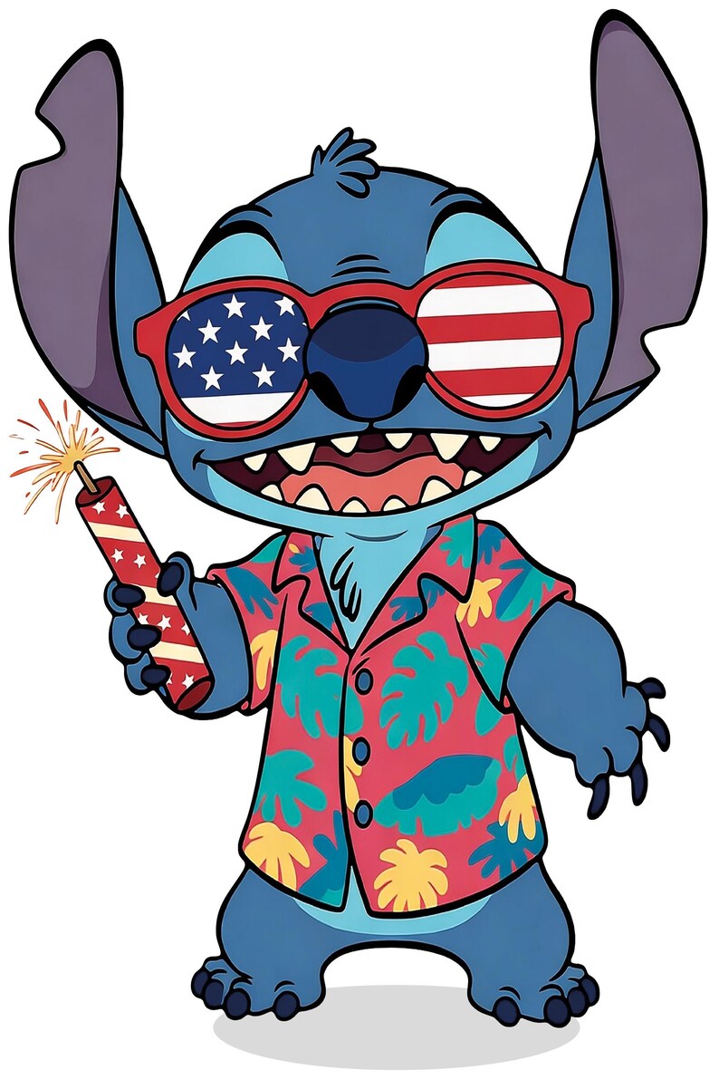 Op de afbeelding: Een cartoon illustratie van een blauw alien karakter met een rode zonnebril met een Amerikaans vlagontwerp en een rood Hawaiiaans shirt met een tropisch patroon. Het karakter houdt een vuurwerk vast.