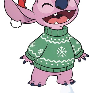 May include: A cartoon character in a Santa hat and green sweater with white snowflake designs. The character is pink with large ears and a wide smile, standing on a small snow-covered surface. The sweater has a white wavy pattern.