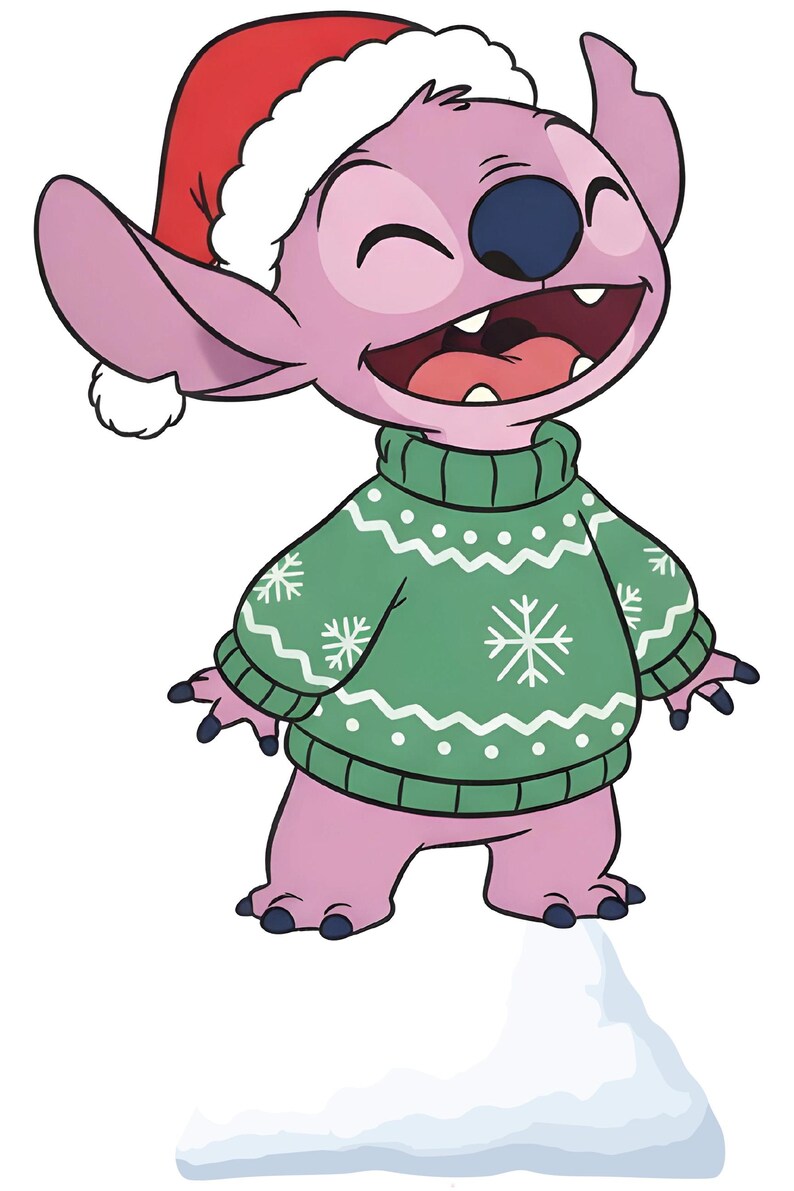 May include: A cartoon character in a Santa hat and green sweater with white snowflake designs. The character is pink with large ears and a wide smile, standing on a small snow-covered surface. The sweater has a white wavy pattern.