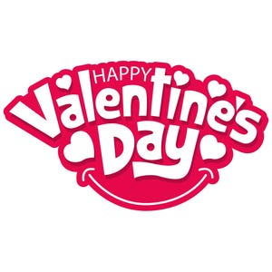 May include: A red graphic with the words "Happy Valentine's Day" in white, featuring heart shapes and a smiling face. Ideal for Valentine's Day cards and gifts, this design is bright and cheerful.