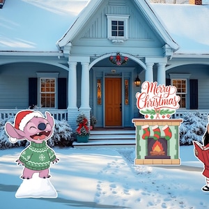 May include: Christmas yard decorations featuring Stitch and Angel in Santa hats and sweaters, a fireplace with "Merry Christmas" sign, and Lilo reading a book, all in front of a snow-covered house.