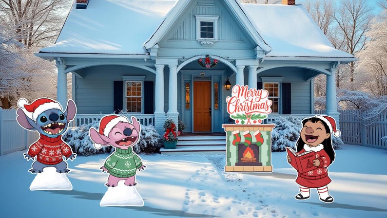 May include: Christmas yard decorations featuring Stitch and Angel in Santa hats and sweaters, a fireplace with "Merry Christmas" sign, and Lilo reading a book, all in front of a snow-covered house.
