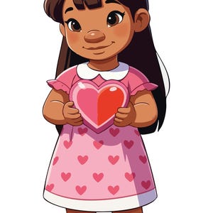 May include: A cartoon illustration of a young girl with brown hair and skin, wearing a pink dress with heart patterns. She holds a large heart-shaped object. The girl has a pink bow in her hair and is wearing pink shoes.
