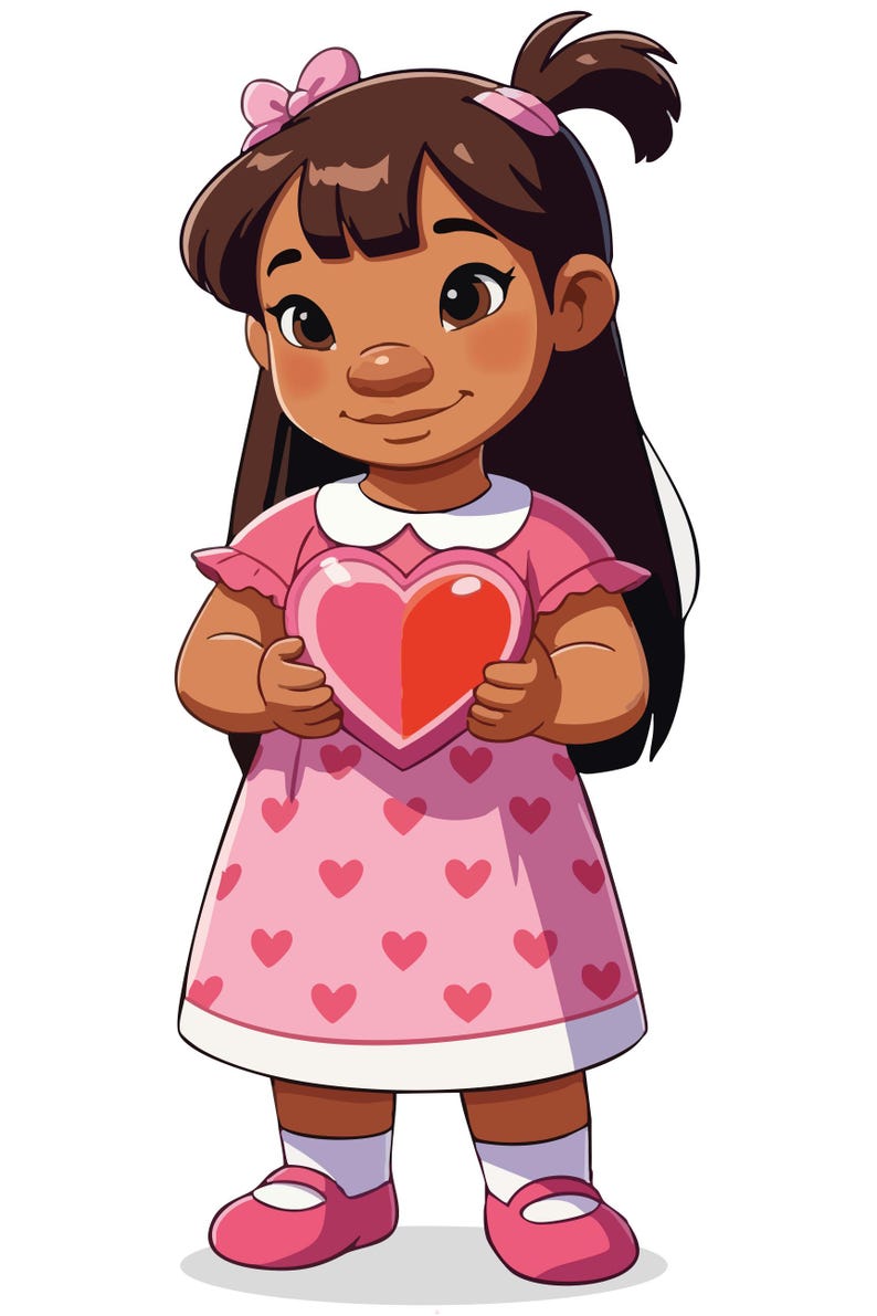 May include: A cartoon illustration of a young girl with brown hair and skin, wearing a pink dress with heart patterns. She holds a large heart-shaped object. The girl has a pink bow in her hair and is wearing pink shoes.