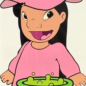 May include: Illustration of a cartoon witch character wearing a pink witch hat with a black band and buckle. The witch is wearing a pink dress and is standing in front of a cauldron with green bubbling liquid.