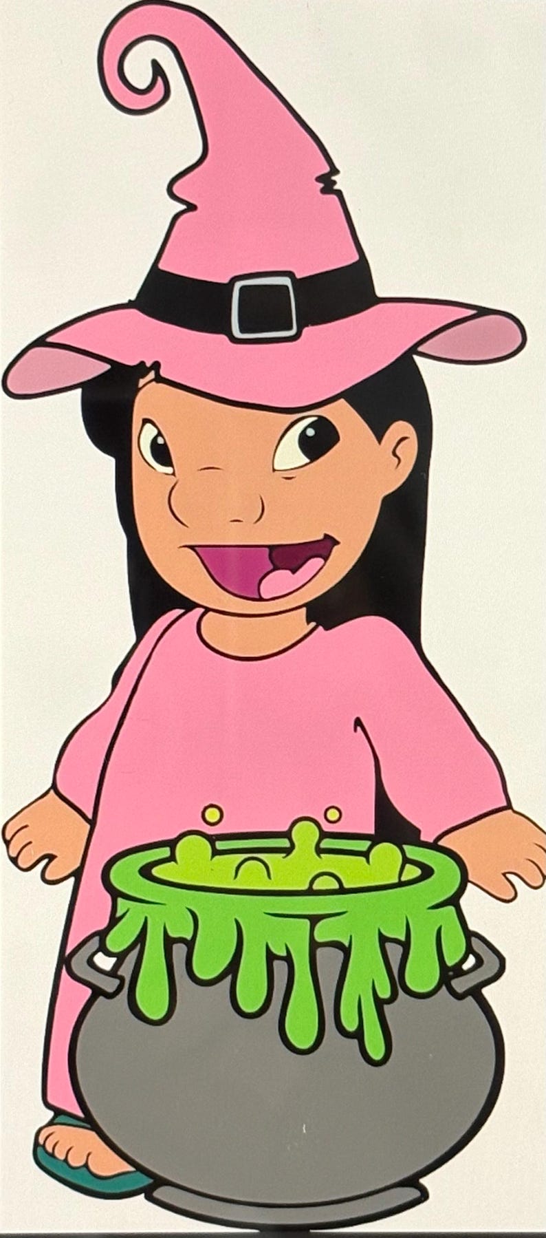 May include: Illustration of a cartoon witch character wearing a pink witch hat with a black band and buckle. The witch is wearing a pink dress and is standing in front of a cauldron with green bubbling liquid.