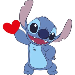 May include: A cartoon illustration of Stitch, a blue alien character, holding a red heart. Stitch has large black eyes, a dark blue nose, and large ears. The background is white.
