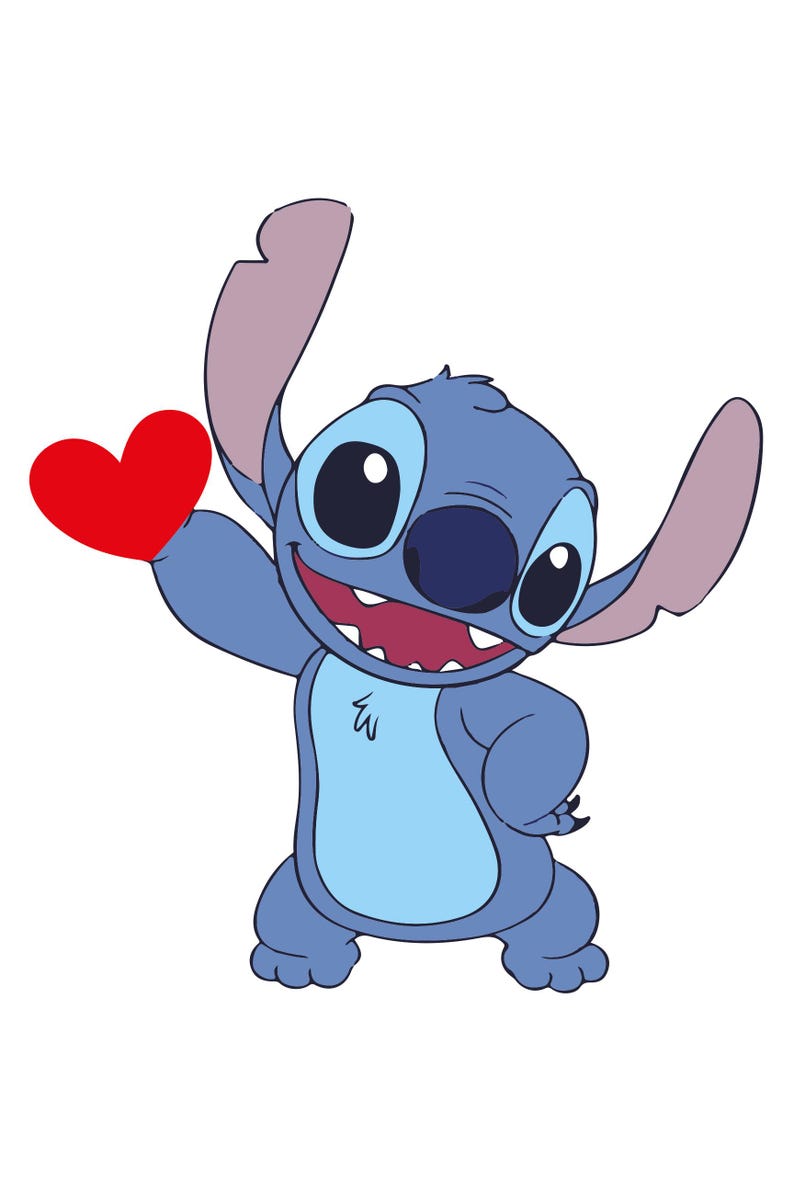 May include: A cartoon illustration of Stitch, a blue alien character, holding a red heart. Stitch has large black eyes, a dark blue nose, and large ears. The background is white.