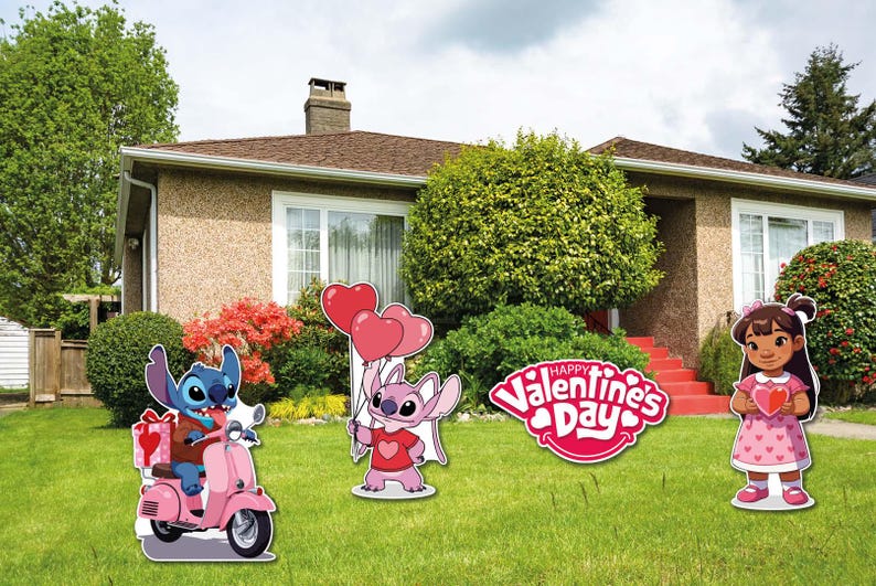 May include: Valentine's Day garden decorations with cartoon characters. One character rides a pink scooter, another holds heart-shaped balloons, and a third holds a heart. A sign says "Happy Valentine's Day".