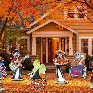 May include: Halloween yard decorations featuring characters from the movie Coco, including a guitar-playing boy, a dog, a ghost, and other figures. The decorations are set in a yard with fall foliage and a house in the background.