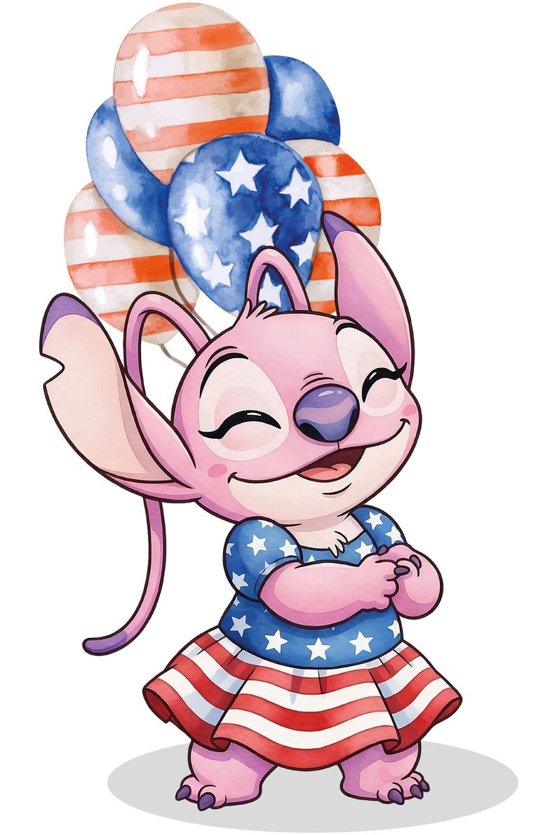 Op de afbeelding: Een roze stripfiguur met grote oren, gekleed in een blauwe jurk met witte sterren en een rood-wit gestreepte rok, met ballonnen in de kleuren van de Amerikaanse vlag. Het personage glimlacht.