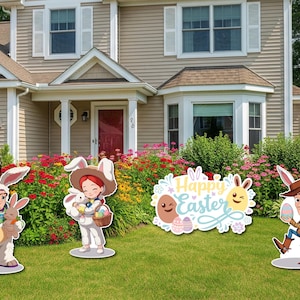 May include: Easter yard decorations featuring characters dressed as bunnies. Buzz Lightyear and Woody are holding Easter eggs and a bunny. A sign says "Happy Easter". The decorations are in front of a house with a flower garden.