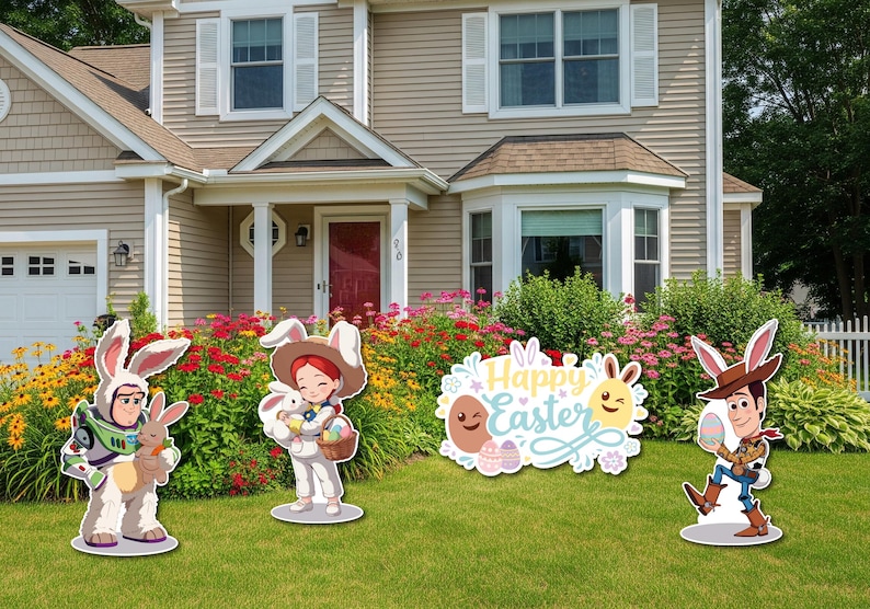 May include: Easter yard decorations featuring characters dressed as bunnies. Buzz Lightyear and Woody are holding Easter eggs and a bunny. A sign says "Happy Easter". The decorations are in front of a house with a flower garden.