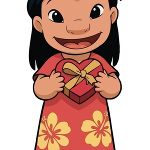 May include: Illustration of a smiling girl with black hair, wearing a red dress with yellow flower patterns. She holds a heart-shaped red box tied with a gold ribbon. The image is a cartoon style.