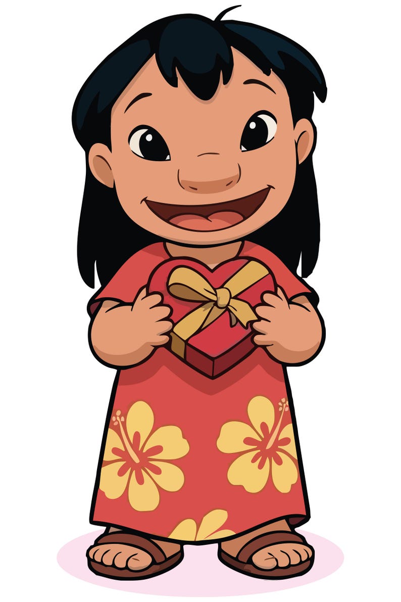 May include: Illustration of a smiling girl with black hair, wearing a red dress with yellow flower patterns. She holds a heart-shaped red box tied with a gold ribbon. The image is a cartoon style.