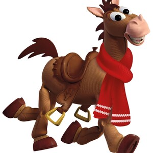 May include: A cartoon image of a brown horse with a saddle and a red scarf. The horse is in a running pose, with its legs extended. The horse has a friendly expression and is a character from the Toy Story franchise.