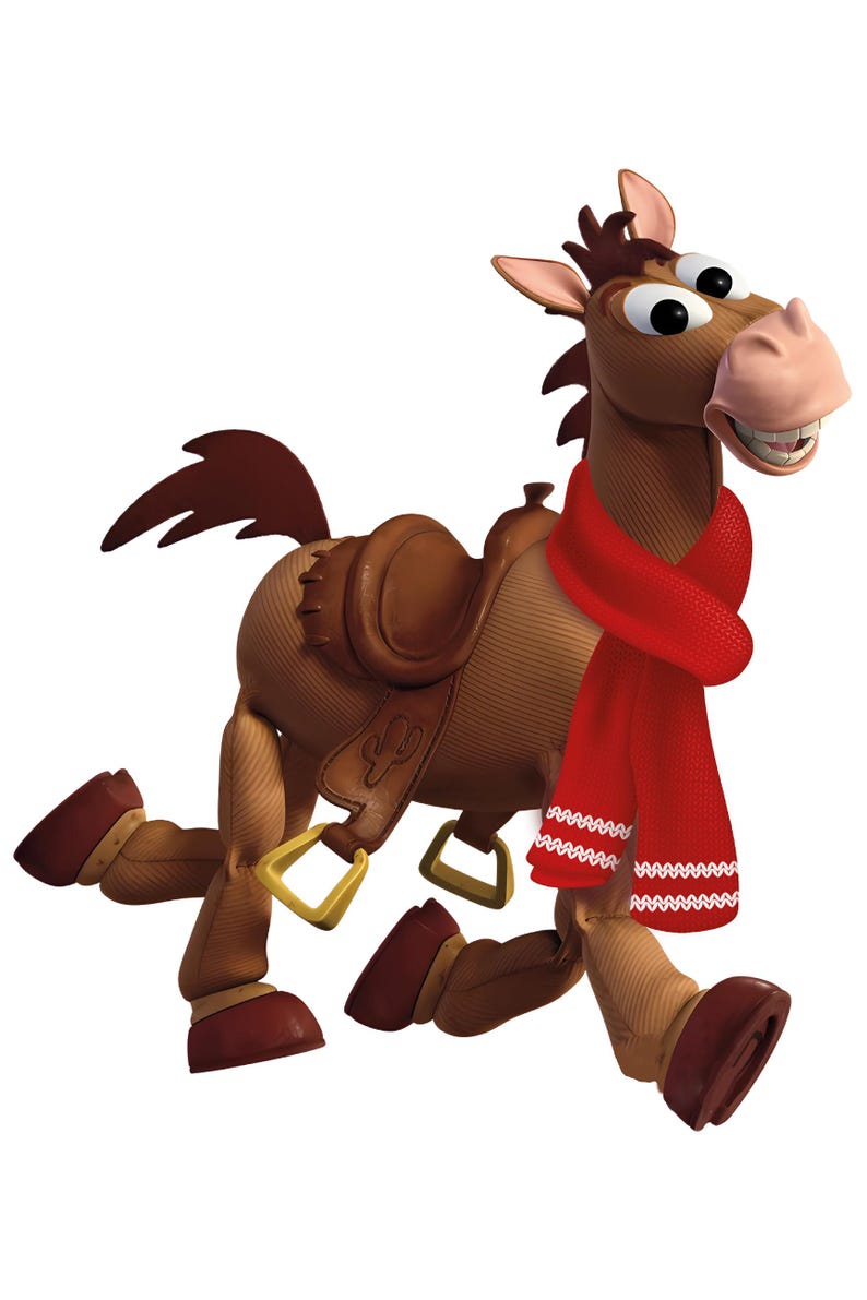 May include: A cartoon image of a brown horse with a saddle and a red scarf. The horse is in a running pose, with its legs extended. The horse has a friendly expression and is a character from the Toy Story franchise.