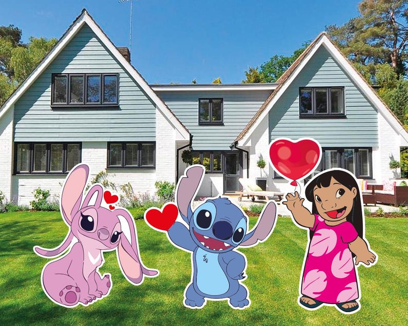 May include: Outdoor yard decorations featuring characters from the animated film Lilo & Stitch. The set includes a pink Angel character, a blue Stitch character, and Lilo holding a red heart balloon. The characters are set on a green lawn in front of a house.