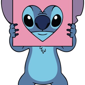 May include: A cartoon illustration of Stitch, a blue alien character, holding a pink heart-shaped sign. Stitch has large black eyes, a dark blue nose, and large ears. The sign has a heart cutout in the center.