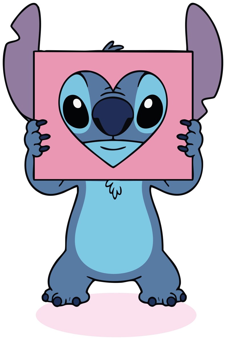 May include: A cartoon illustration of Stitch, a blue alien character, holding a pink heart-shaped sign. Stitch has large black eyes, a dark blue nose, and large ears. The sign has a heart cutout in the center.