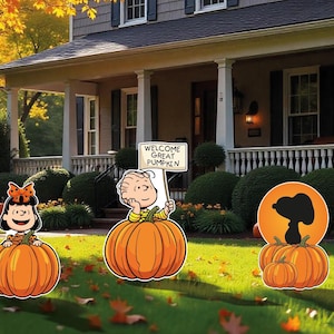 May include: Three Halloween yard decorations featuring cartoon characters and pumpkins. One shows Lucy on a pumpkin, another has Charlie Brown holding a "Welcome Great Pumpkin" sign, and the third has Snoopy on a pumpkin with a full moon.