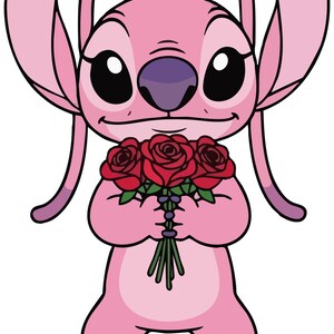 May include: A pink cartoon character with large ears and a purple nose and mouth, holding a bouquet of three red roses. The character has large black eyes and is smiling. The image is a digital illustration.