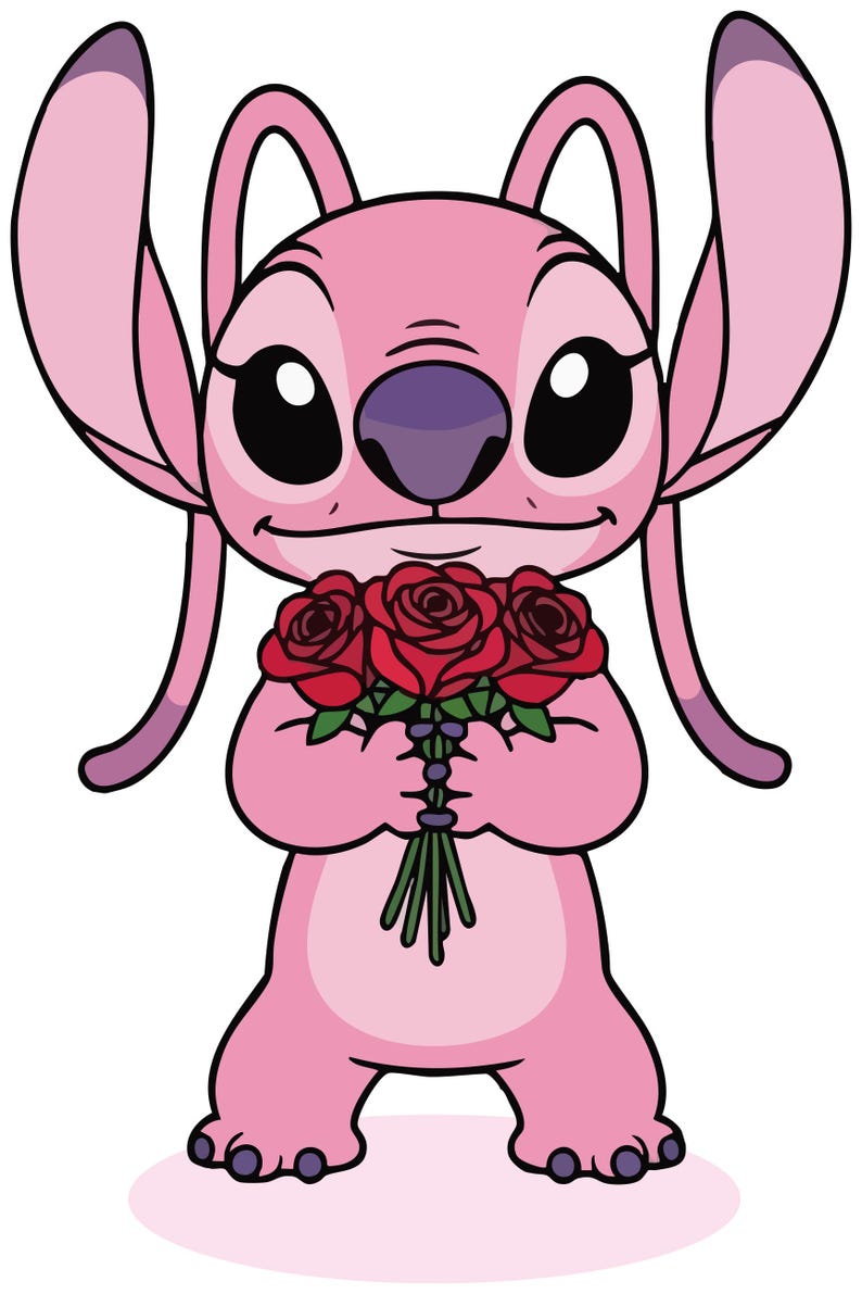 May include: A pink cartoon character with large ears and a purple nose and mouth, holding a bouquet of three red roses. The character has large black eyes and is smiling. The image is a digital illustration.