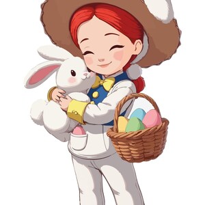 May include: An illustration of a child dressed for Easter, wearing a brown hat with bunny ears and holding a white stuffed bunny and a basket of colorful eggs. The child is wearing a white outfit with a blue vest and a yellow bow tie.