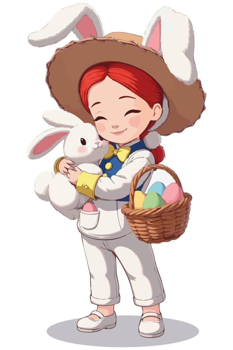 May include: An illustration of a child dressed for Easter, wearing a brown hat with bunny ears and holding a white stuffed bunny and a basket of colorful eggs. The child is wearing a white outfit with a blue vest and a yellow bow tie.