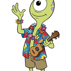 May include: Cartoon alien with a large eye, wearing a Hawaiian shirt, flower lei, and shorts, holding a ukulele. The alien is green with a single antenna and flower wristband. The ukulele is brown.