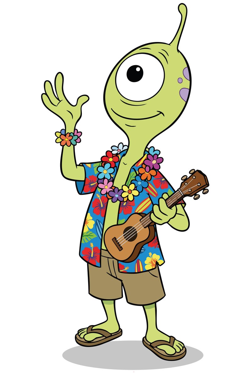 May include: Cartoon alien with a large eye, wearing a Hawaiian shirt, flower lei, and shorts, holding a ukulele. The alien is green with a single antenna and flower wristband. The ukulele is brown.