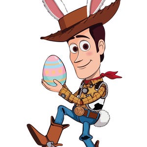 May include: Cartoon illustration of a character wearing a cowboy hat with bunny ears, holding a decorated Easter egg. The character is dressed in a sheriff's outfit, blue jeans, and brown cowboy boots. A red scarf is around the neck.