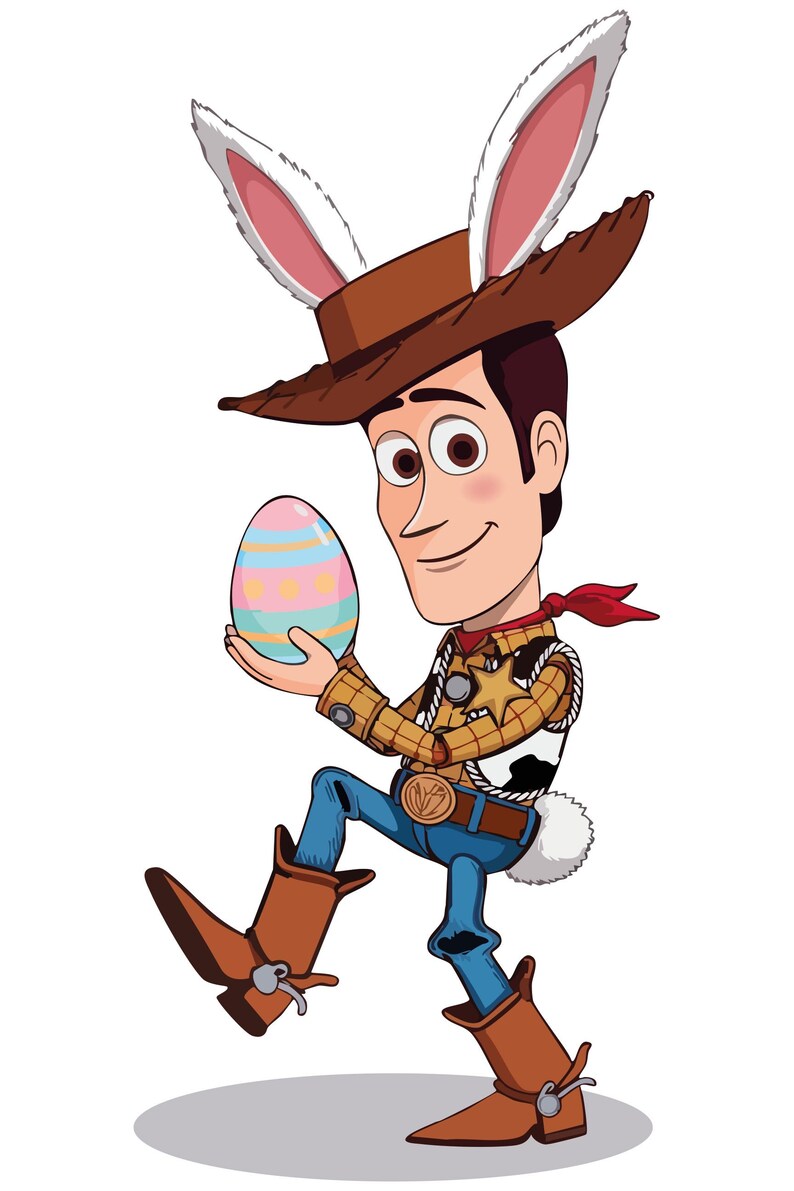 May include: Cartoon illustration of a character wearing a cowboy hat with bunny ears, holding a decorated Easter egg. The character is dressed in a sheriff's outfit, blue jeans, and brown cowboy boots. A red scarf is around the neck.