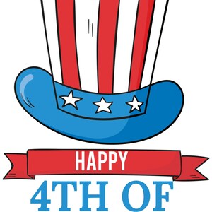 Op de afbeelding: Een patriottische illustratie met een rood, wit en blauw Uncle Sam-hoed met drie witte sterren op de blauwe rand. Een rode banner toont de tekst "HAPPY 4TH OF JULY" in blauw, ter viering van Independence Day.