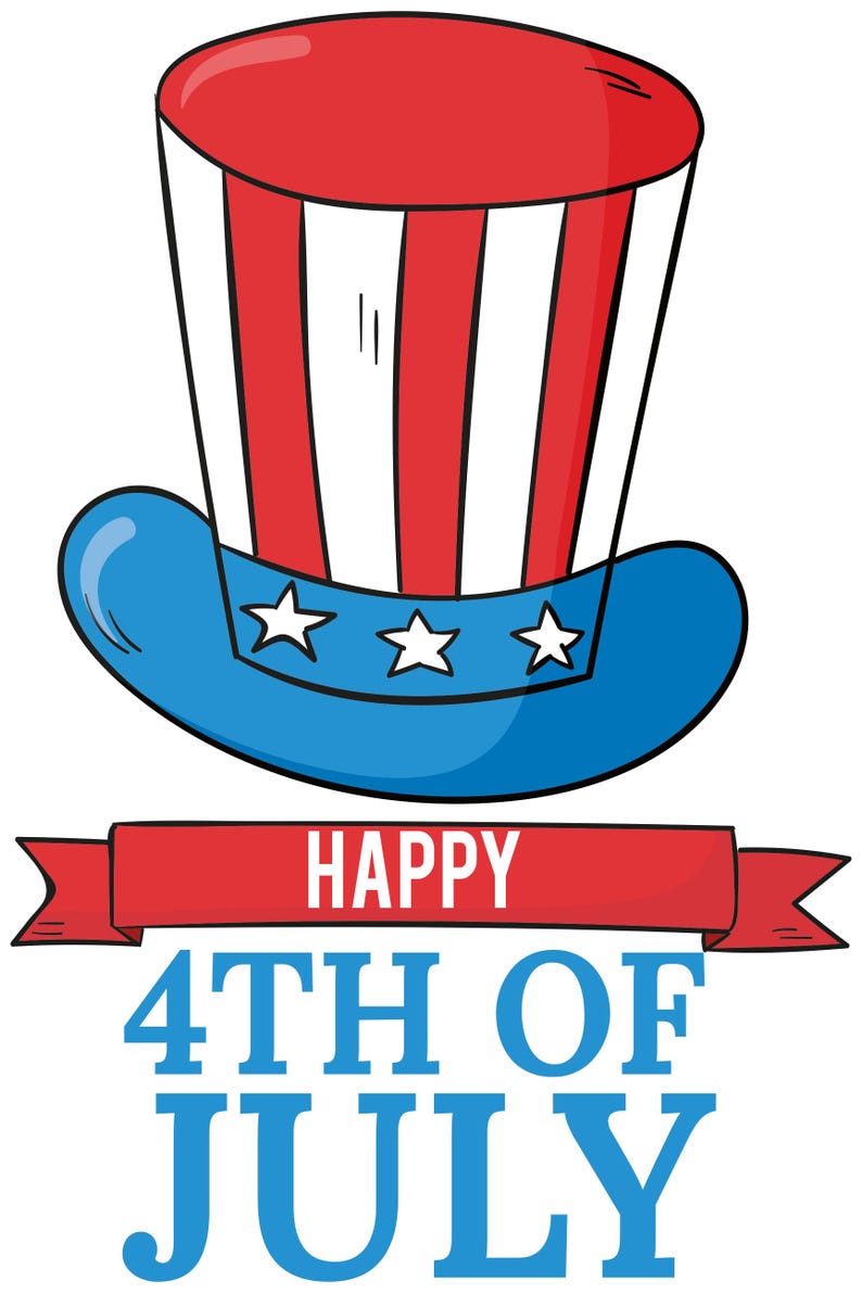 Op de afbeelding: Een patriottische illustratie met een rood, wit en blauw Uncle Sam-hoed met drie witte sterren op de blauwe rand. Een rode banner toont de tekst "HAPPY 4TH OF JULY" in blauw, ter viering van Independence Day.
